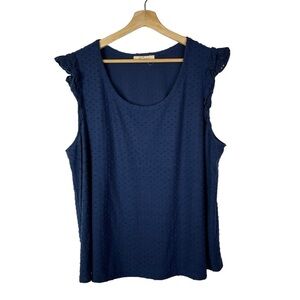 Boutique Les Serein Navy Blue Swiss Dot Cap Sleeve Blouse L